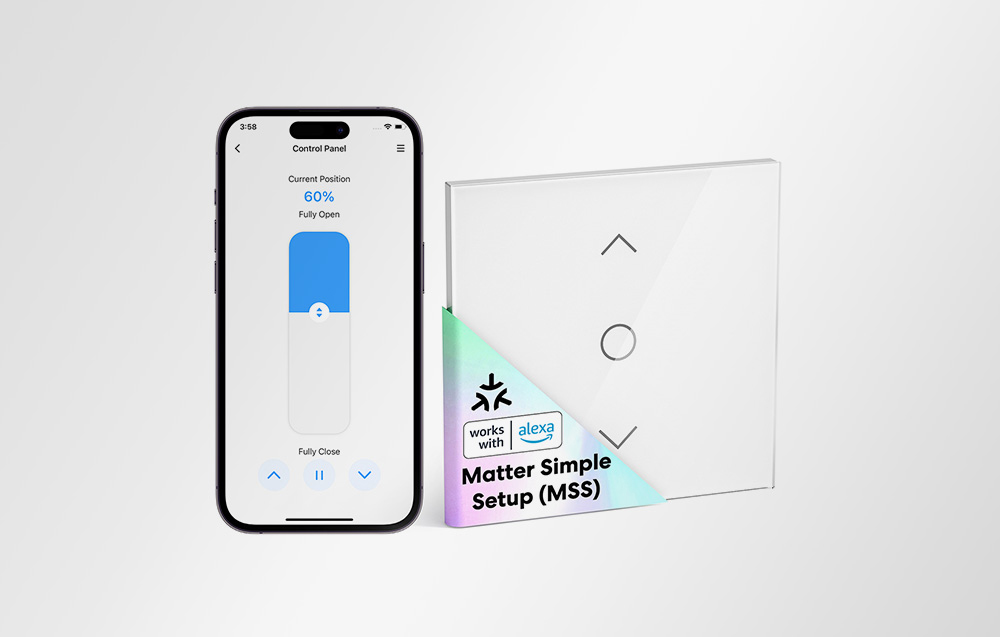 A white smart roller blind switch and a smartphone with an app against a white background