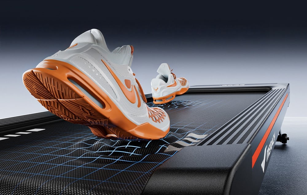 Sports shoes on a black treadmill with a blue graphic mesh overlay on the running belt