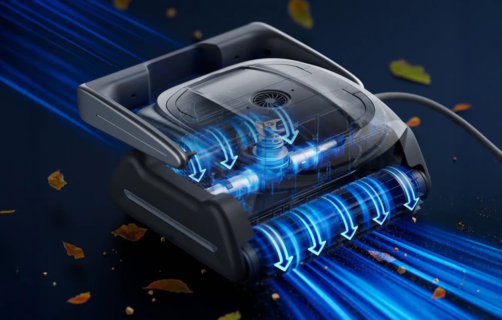 The pool robot shown with its internal motors and filtration chambers illuminated in blue in cross-section