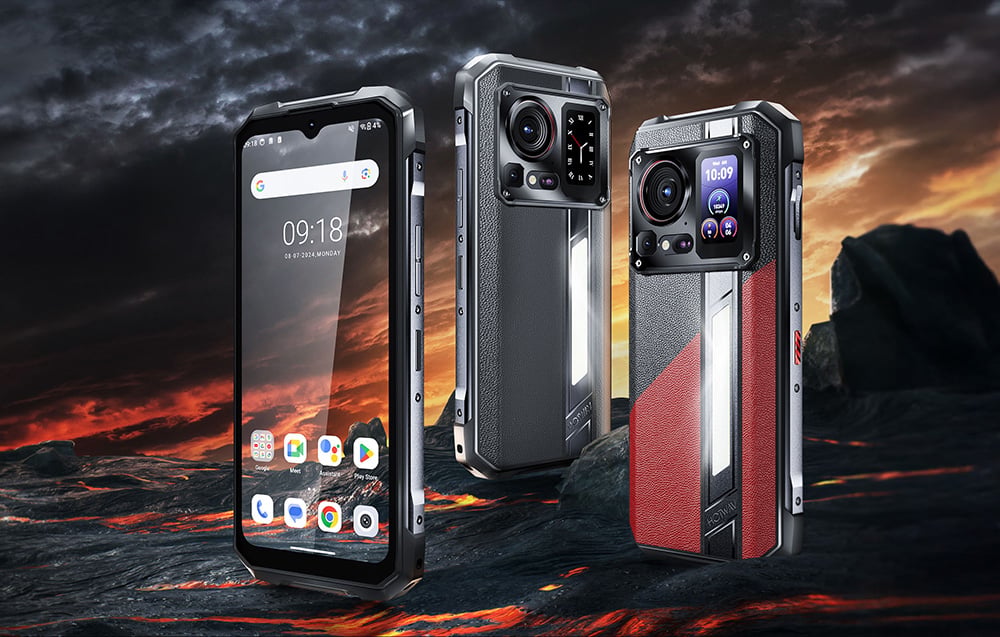 Three HOTWAV smartphones set against a volcanic landscape with flowing lava.