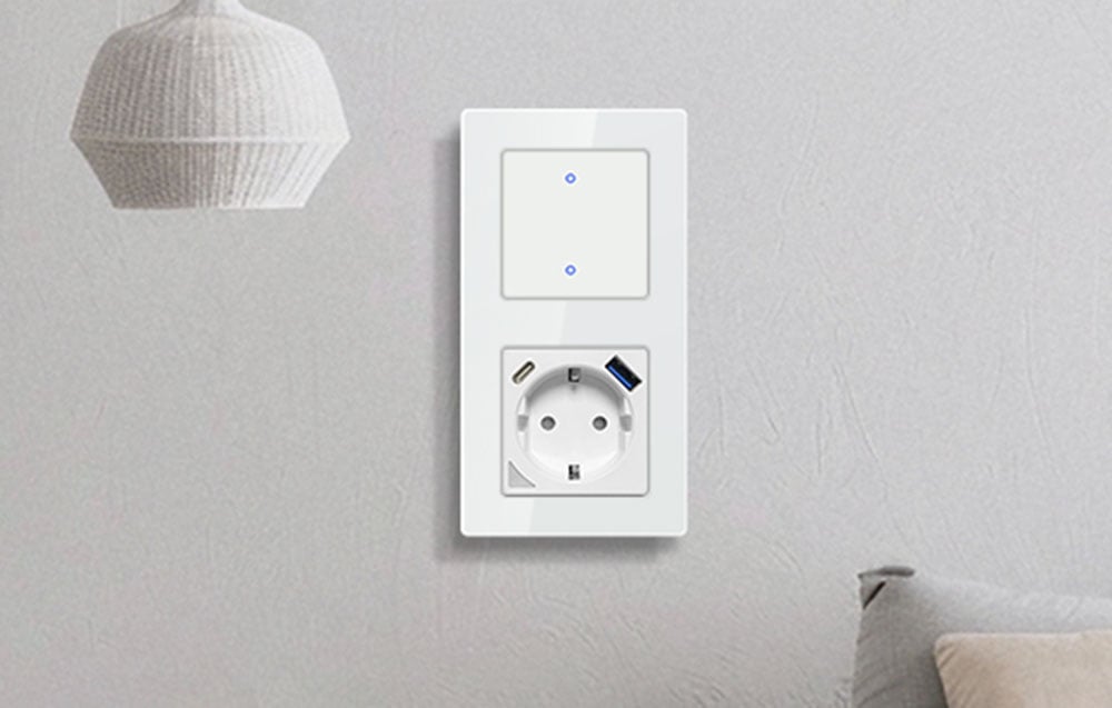 Vertical wall-mounted set: white touch switch and electrical outlet with additional USB-A and USB-C ports.