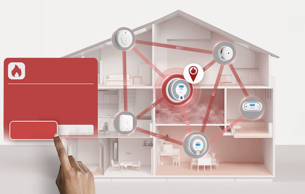 A cross-section of a house showing a network of wirelessly connected smoke sensors with the location of the hazard source
