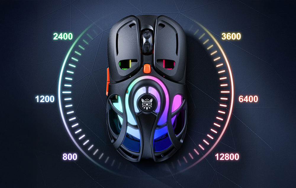 Black mouse with backlight and holes in circle with numbers representing DPI values
