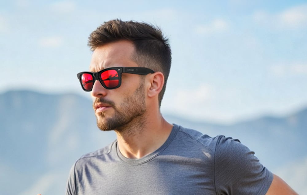 A man in a gray T-shirt is running while wearing glasses with red lenses