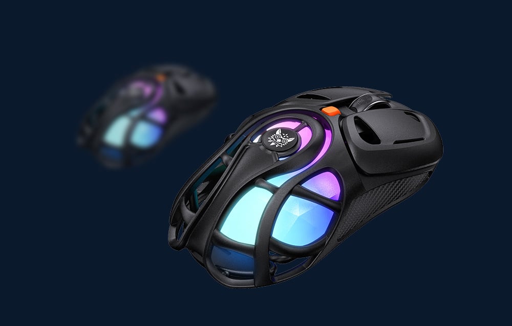 Two black gaming mice with backlight and holes on dark background