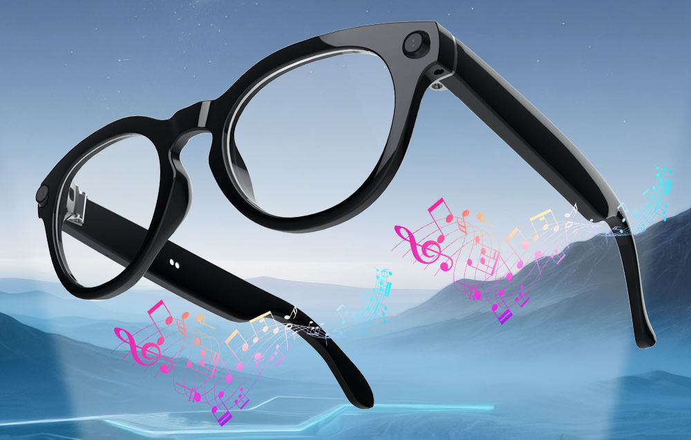 Black smart glasses floating in the air against a mountain landscape, with colorful musical notes suggesting sound playback.