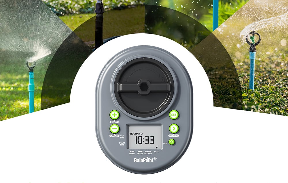 RainPoint controller panel with LCD display against a background collage showing various types of garden sprinklers