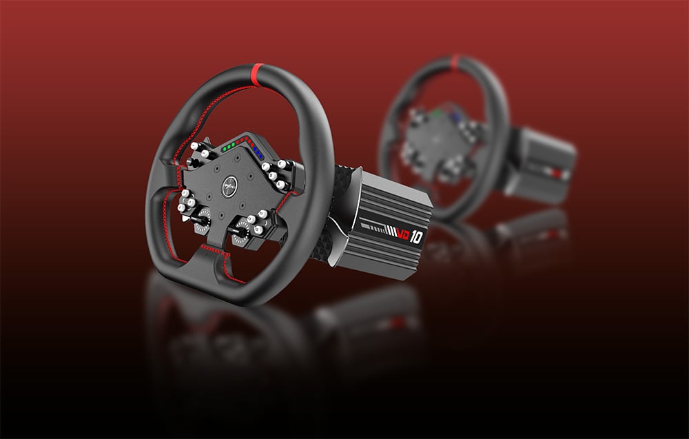 2 black/red steering wheels with VD10 base on red background.