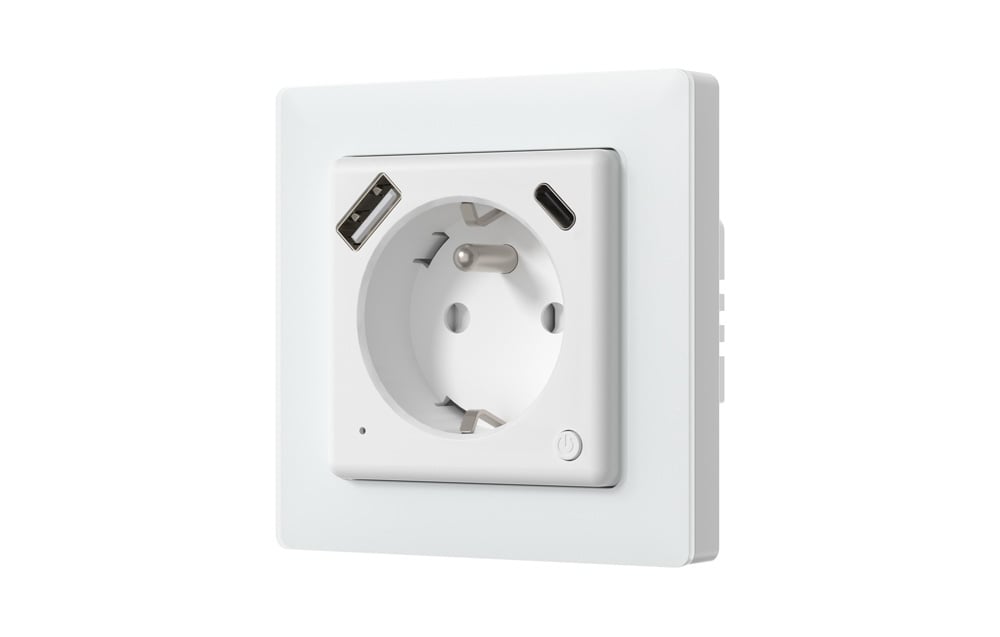 Wall outlet with USB-A and USB-C ports and a power button.