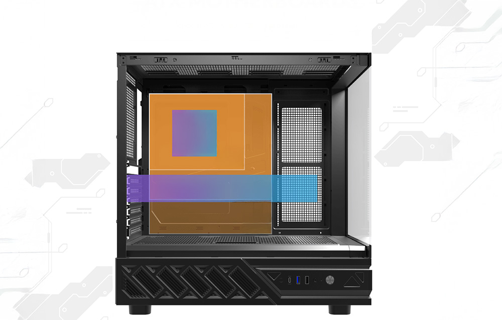 Interior of the case with colorful markings for the motherboard and other components