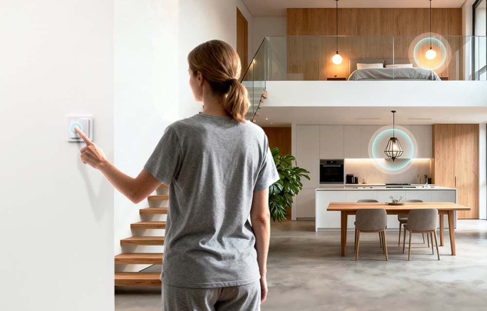A woman in gray clothes turns on the lights in the kitchen and bedroom