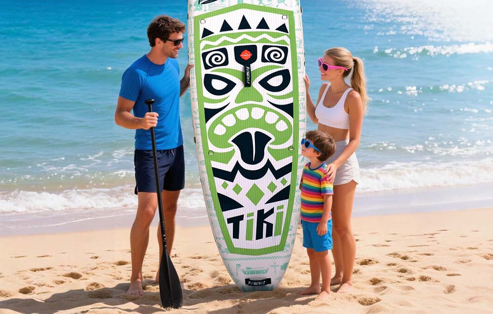 A smiling family with a child is standing on the beach holding a surfboard and a paddle, with water behind them