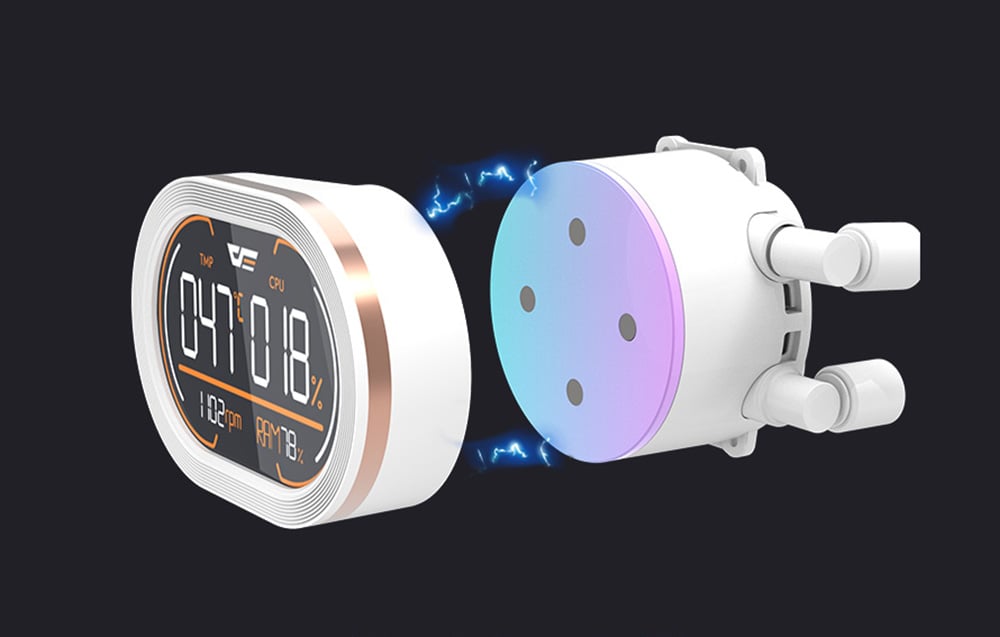 Image showing the detachable LCD screen from the white CPU water block