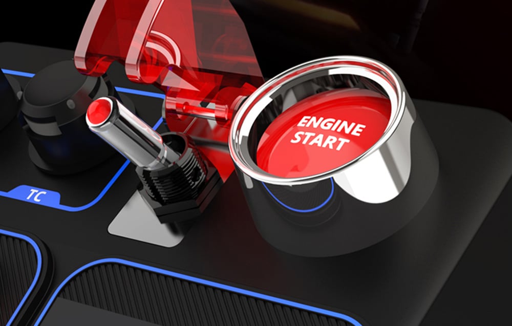 Close-up of the red Engine Start button of the button panel.