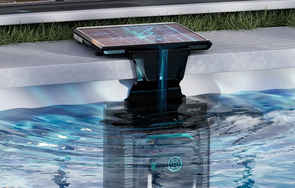 Solar charging station with pool robot partially submerged in water