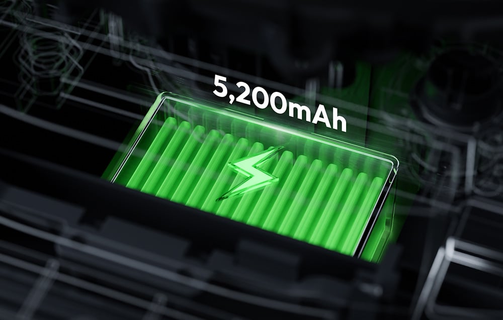 Green 5200 mAh battery with a lightning bolt icon indicating charging