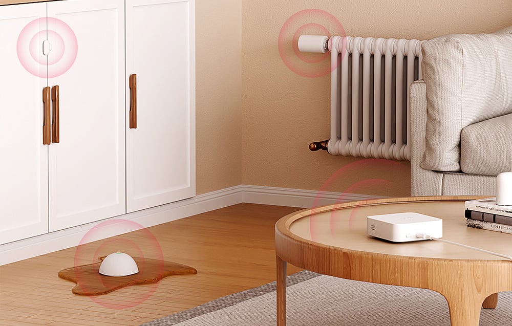 MEROSS Smart Wi-Fi Gateway resting on a wooden table in a room