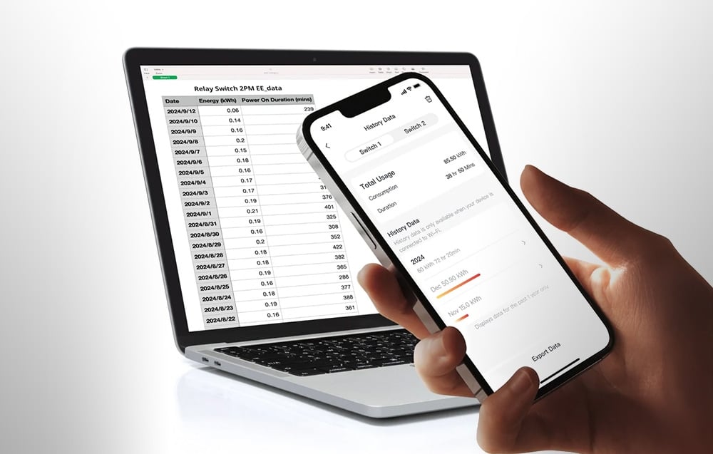 SwitchBot mobile app displaying energy consumption data and usage history of Relay Switch 2PM