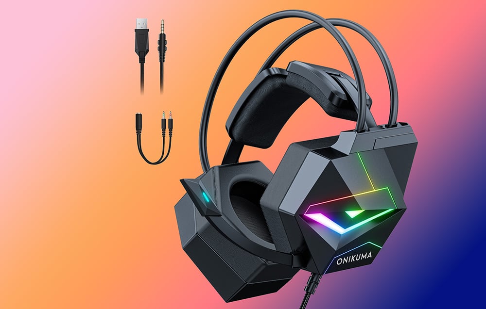 Over-ear headphones on an orange-and-blue background, with audio cables floating next to them