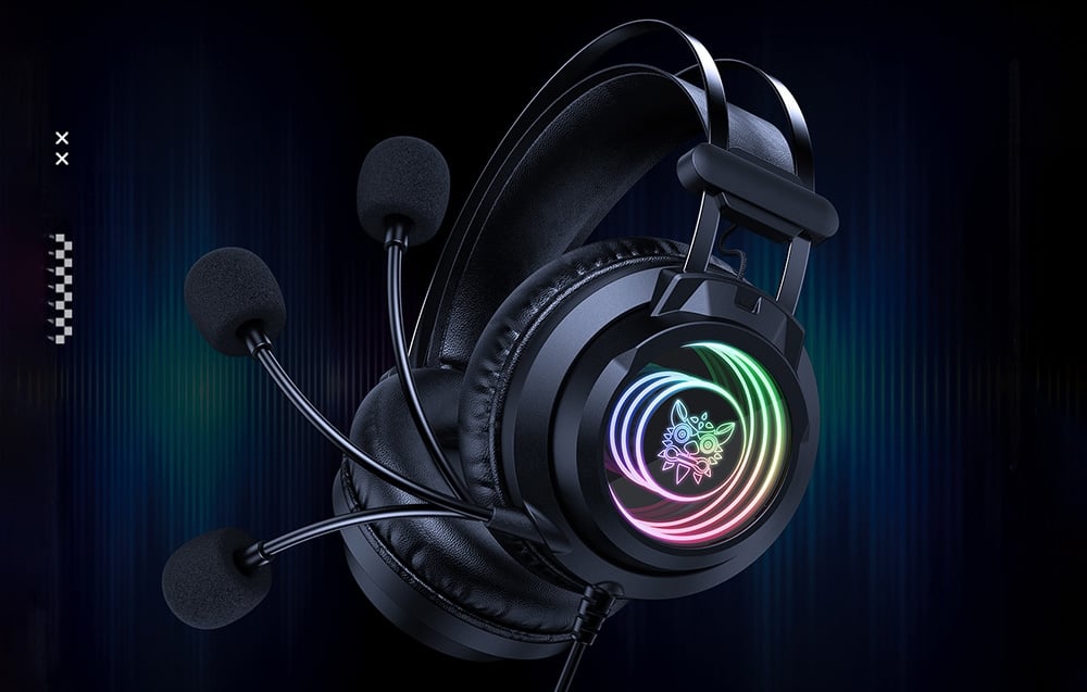 Black gaming headphones with RGB color backlighting and microphone on a dark background