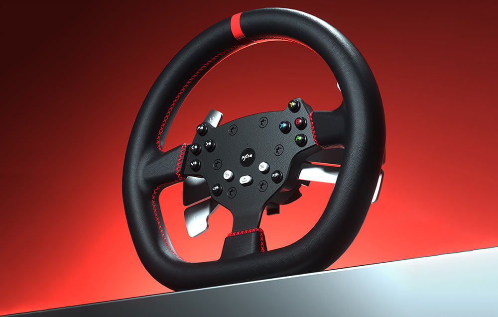 PXN racing steering wheel with black buttons and red stitching on a red background