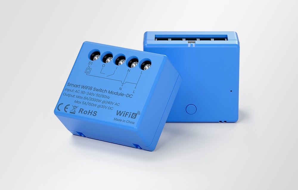 Two blue WiFi6 smart switch modules shown from the front and back.