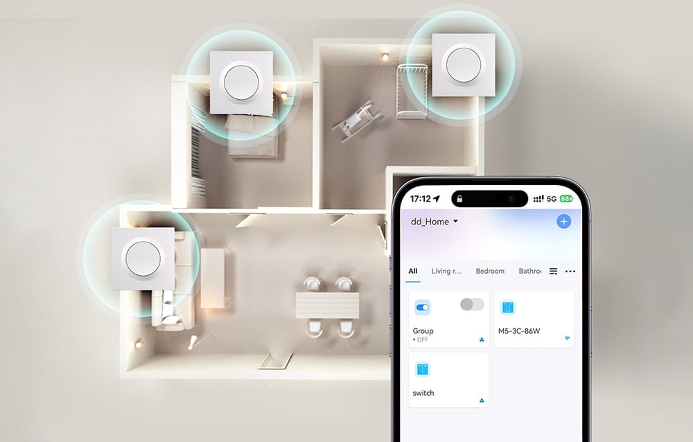 Top view of the layout of the rooms in the house. On the left and above the white switches, on the right a smartphone with an app is visible.