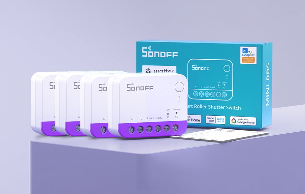 Four white Sonoff modules with a purple stripe and product packaging on a purple background