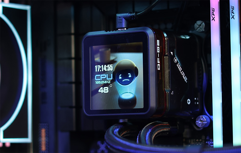 Close-up of the water cooling display inside the computer case
