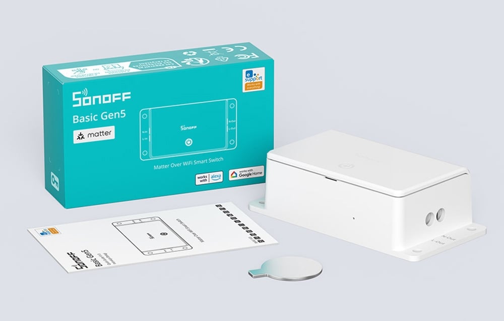 Sonoff Basic Gen5 smart switch with packaging, instructions and housing opening tool on white background