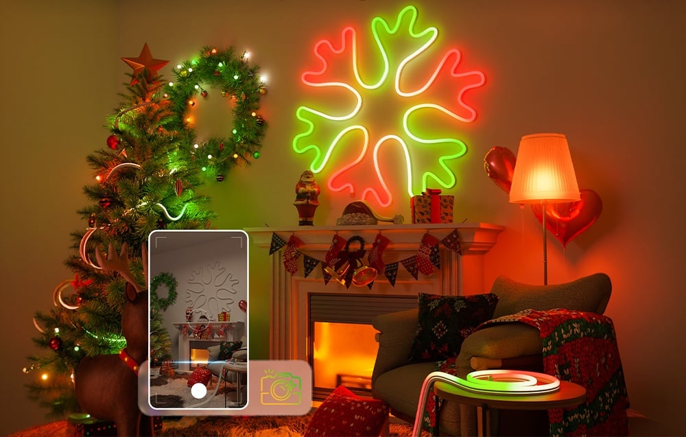 A festive fireplace decorated with lights. A glowing, colorful neon snowflake hangs above it.