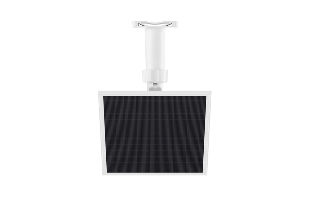 Solar panel with white mounting bracket, front view on a white background