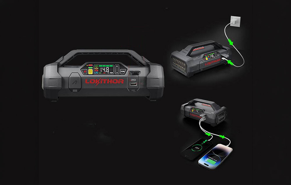 Diagram showing the device charging from an outlet and powering two phones.