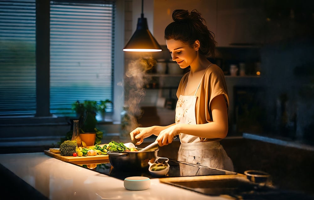 A woman in an apron stirs a dish in a pot on an induction cooktop under a pendant lamp emitting warm light.