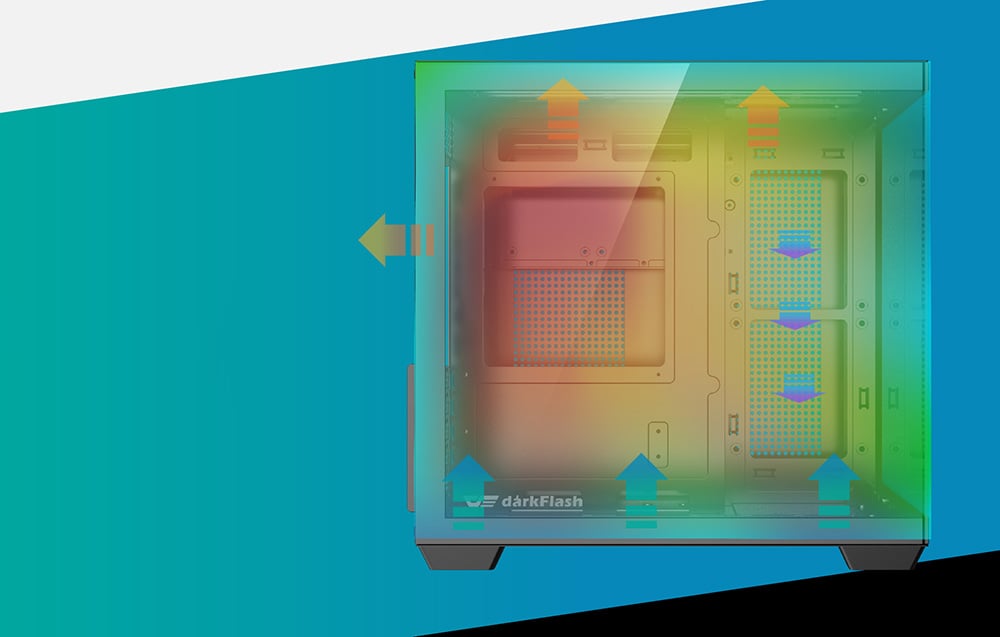 Airflow diagram in the case with colorful arrows on a turquoise-blue background