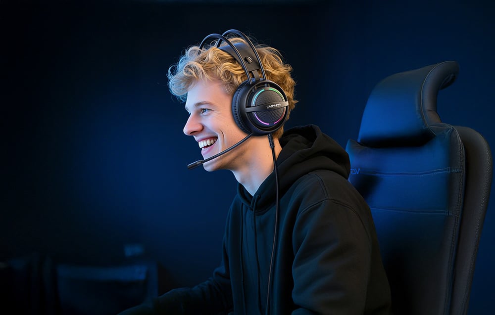 Smiling man in headphones plays a game