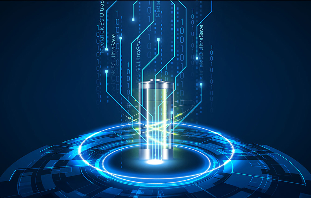 Concept art showing a battery icon surrounded by blue circuits and the words