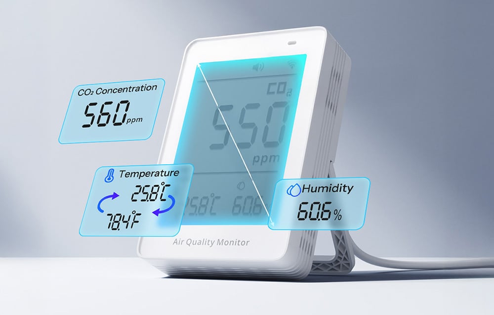 Air quality meter with LCD display on a light background