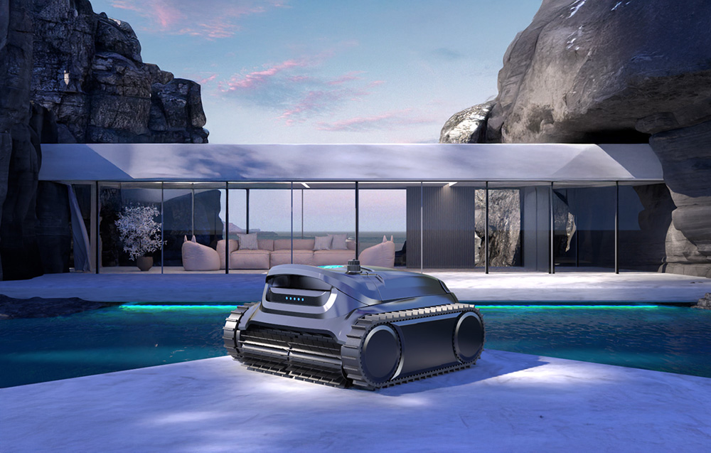 Pool robot Wybot on the shore of a modern pool in front of a house located near the rocks