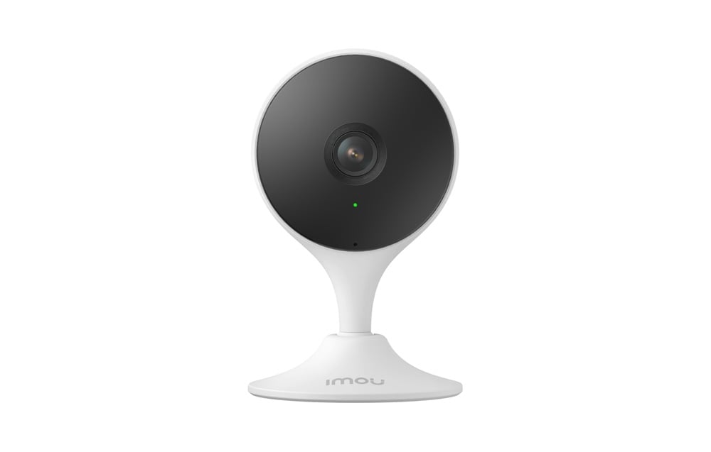 A white Imou home camera with a black front and a small green LED, front view on a white background