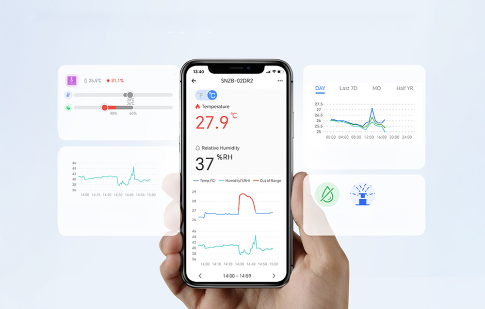 A smartphone in the hand shows an app with temperature and humidity graphs and measurement history.