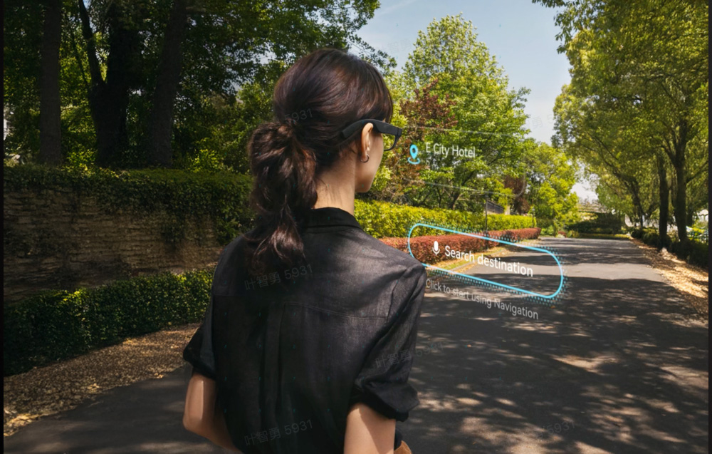 A woman walking down an alley wearing AR glasses with an augmented reality interface displaying a destination search option.