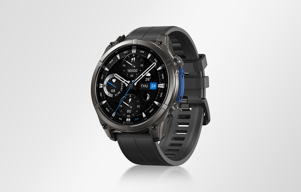 Smartwatch with black dial and gray envelope set frontally against a white background