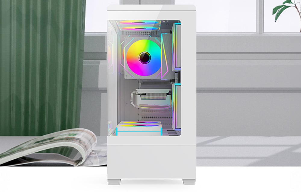 Front view of PC case with RGB fans placed under a window