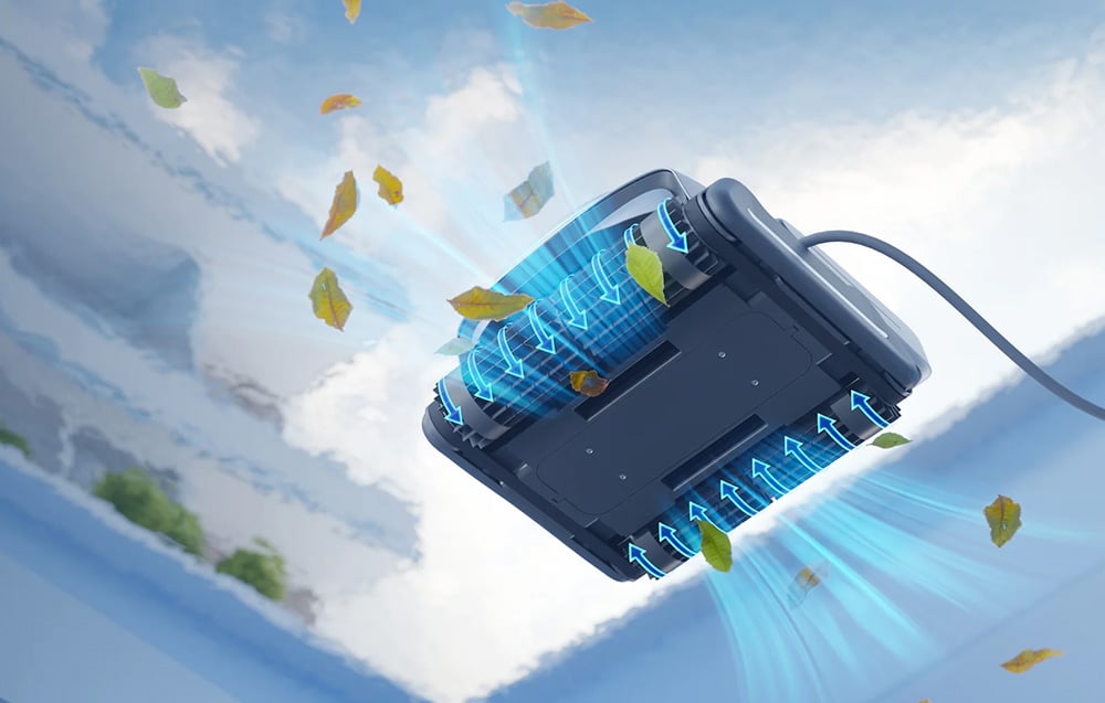 The pool robot rises into the air with a visible filtration system capturing autumn leaves floating around the device