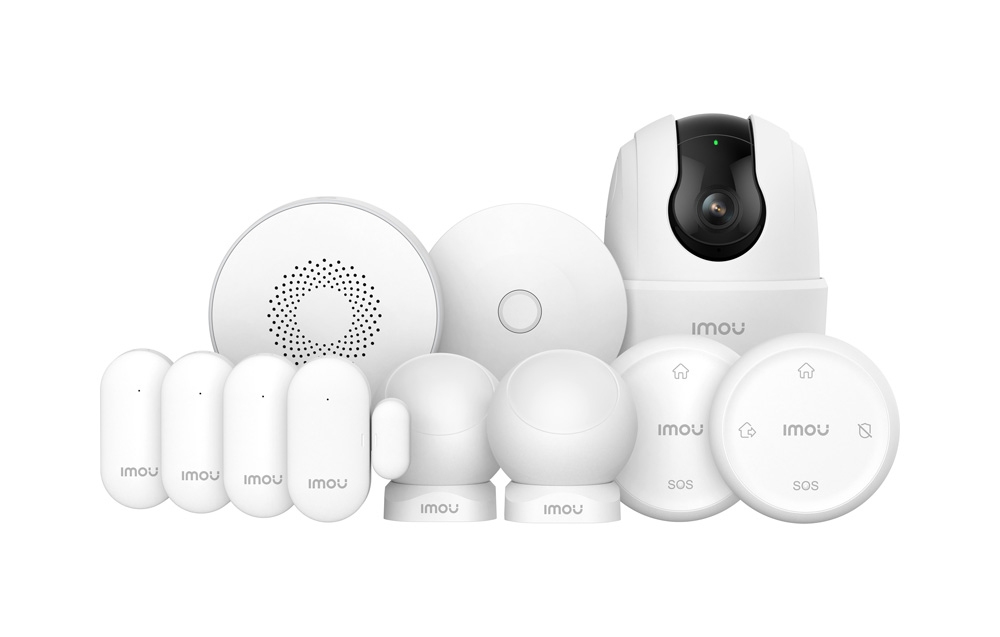 A group of white Imou devices: a pan-tilt camera, motion sensors, and SOS control panels on a white background