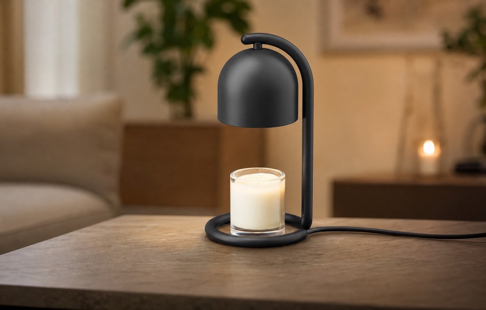 A white candle warmer heating a large yellow scented candle, placed in a large room