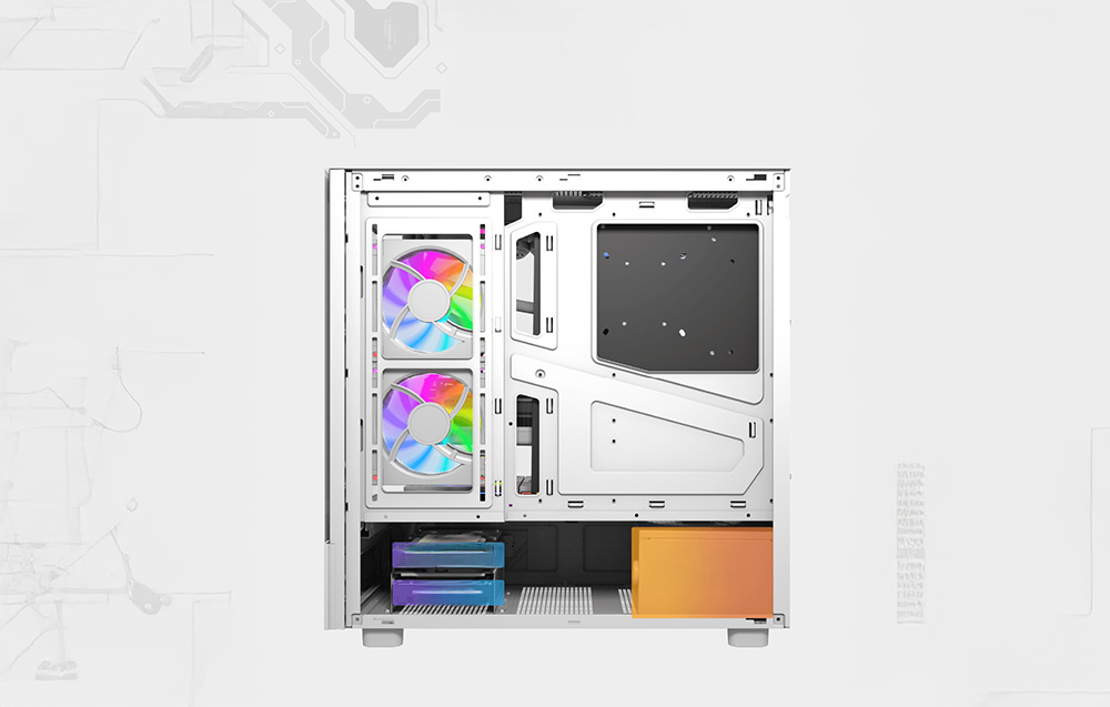 Cross-section of a white PC case with visible fans and space for components