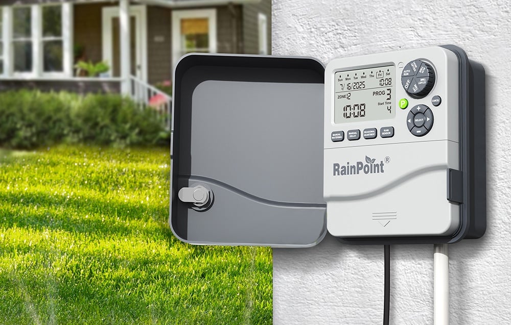 RainPoint controller with open lid mounted on the wall of the house, overlooking the lawn.