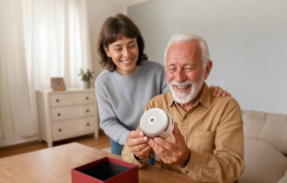 A young woman and an older man looking at a round smoke detector held in their hands, smiling